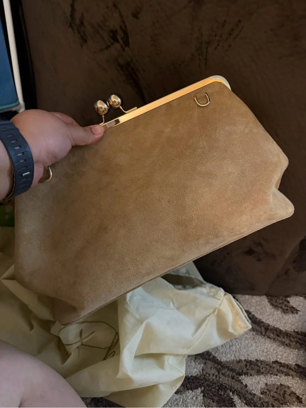 Tan Suede Frame Clutch with Gold-Tone Hardware